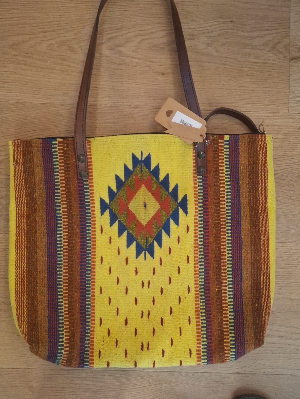 Yellow Southwestern Pattern Tote Bag with Leather Straps